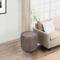 Wildon Home® 25 Inch Side End Table, Handcrafted Mango Wood Drum Shape with Ribbed Edges, Gray