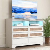 Wrought Studio 6 Rattan Drawer Dresser Sideboard Storage Cabinet With LED Light - White