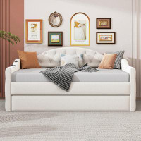 Wenty Tufted Upholstered Daybed With Trundle ,Velvet Sofabed With USB&Type-C Charging Ports,No Box-Spring Needed,