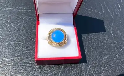 #314 - 14k Yellow Gold, Blue Jadeite &amp; Diamond Ring. Size 6.