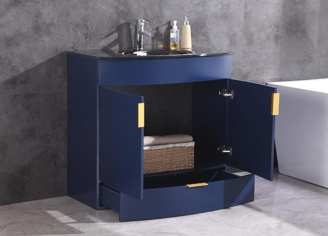 24, 30 & 36  Bathroom Vanity  18 Inch Depth w Tempered Glass Countertop in Blue, White, Pewter Green, Vogue Green  LFC in Cabinets & Countertops - Image 3