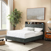 Ebern Designs Full Size Bed Frame, Shelf Upholstered Headboard, Platform Bed With Outlet & USB Ports, Wood Legs, No Box