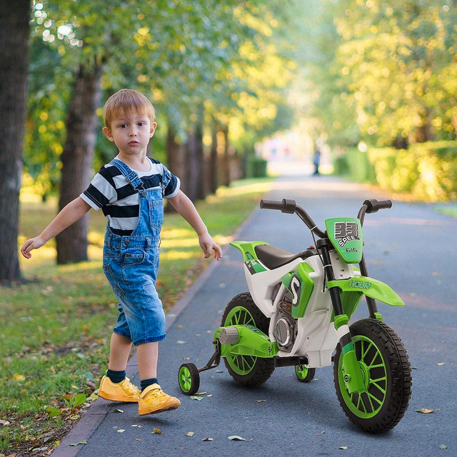 KIDS DIRT BIKE BATTERY-POWERED RIDE-ON ELECTRIC MOTORCYCLE WITH CHARGING 12V BATTERY, TRAINING WHEELS in Toys & Games