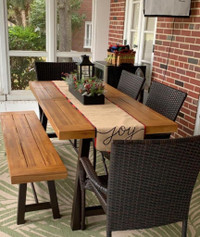 Outdoor Patio Dining Table Set Wicker Chairs Wood Metal Bench Bistro
