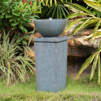 Latitude Run® Polyresin Grey Zen Bowl Water Fountain, Outdoor Bird Feeder /Bath Fountains, Relaxing Water