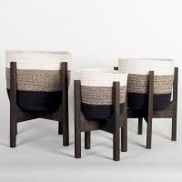 Rosecliff Heights Set Of 3 Jute With Plastic Liners On Wood Stands Planters