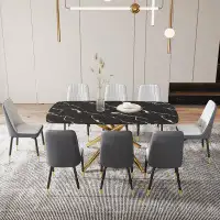 Mercer41 Spacious F-1537 C-007 Modern Dining Set: Rectangular Imitation Marble Table & Chairs With Pu Cushions, Gold & B