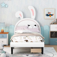 wtressa PU Leather Platform Bed With Rabbit Ornament