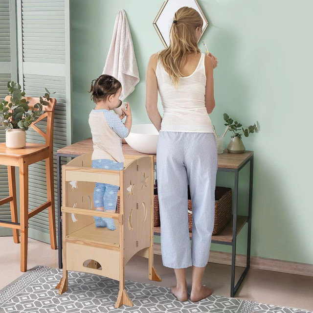 STEP STOOL WITH SUPPORT HANDLES, SAFETY RAIL AND NON-SLIP, HARDWOOD STEPPING STOOL FOR KIDS AND TODDLERS in Toys & Games