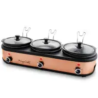 MegaChef Megachef Triple 2.5 Quart Slow Cooker And Buffet Server In Brushed Copper And Black Finish With 3 Ceramic Cooki