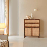 Bay Isle Home™ Mia 35 Inch Tall Dresser Chest, Woven Cane Cabinet Doors And Drawer Fronts, Handcrafted Natural Mango Woo