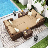 Hokku Designs Brown Wicker 8 Seat 10 Pieces Steel Outdoor Patio Sectional Set With Yellow Cushions And Tempered Glass To