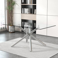 Ivy Bronx Large Modern Minimalist Rectangular Glass Dining Table For 6-8 With 0.39" Tempered Glass Tabletop And Silver C