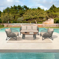 AllModern Elvie Outdoor Patio 4 Piece Conversation Set In Weathered Eucalyptus Wood And Metal With Gray Rope And Taupe C