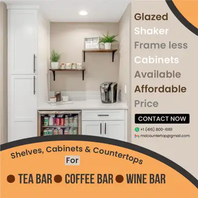 Shelves, Cabinets & Countertop for Tea Bar, Coffee Bar, Wine Bar