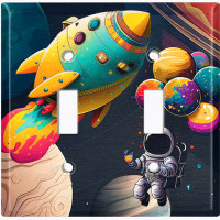 WorldAcc Metal Light Switch Plate Outlet Cover (Colourful Animated Astronaut Space Ship - Double Toggle)
