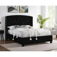 Red Barrel Studio 1Pc Contemporary Style Upholstered Fabric Button Tufting Nailhead Trim Demi-Wings Eva Bed Black Finish