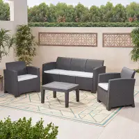 Latitude Run® Outdoor 4 Piece Faux Wicker Rattan Style Chat Set with Cushions, Charcoal Grey