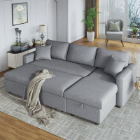Latitude Run® U_STYLE Upholstery  Sleeper Sectional Sofa Grey With Storage Space, 2 Tossing Cushions