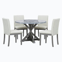 Red Barrel Studio 5-Piece Farmhouse Style Dining Table Set, Marble Sticker And Cross Bracket Pedestal Dining Table, And