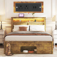 Wrought Studio Queen Bed Frame with Headboard Led/Charging Station/Storage Headboard/Pet Space/Rustic(Brown)