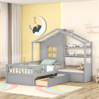 Gracie Oaks Twin Size House Bed With Sofa, Kids Platform Bed With Two Drawers And Storage Shelf, Gray