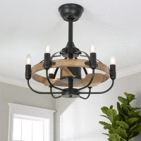 August Grove 21" In. 6 Light Indoor Farmhouse Black Caged Ceiling Fan With Light Wood Grain Enclosed Ceiling Fan With Re