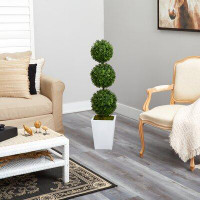 Primrue 46In. Boxwood Triple Ball Topiary Artificial Tree In White Metal Planter (Indoor/Outdoor)