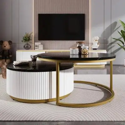 Mercer41 31.5'' Modern Round Nesting Coffee Table Fluted With Drawer In White & Gold