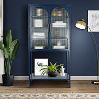 Ebern Designs Kinnett Tempered Glass Tall Storage Cabinet with 2 Arched Doors Adjustable Shelves and Open Bottom Shelf