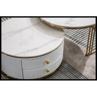 Everly Quinn Nesting MDF Coffee Table Set of 2, Round End Table with Gold Finish Metal Base