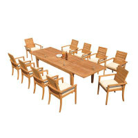 Teak Smith GradeA Teak Dining Set:122" Caranas Dbl Extension Rectangle Table And 10 Algrave Stacking Arm Chairs