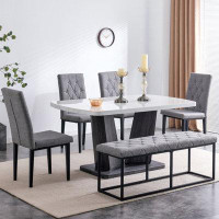 Ivy Bronx 63" Modern Style 6-Piece Dining Table With 4 Chairs & 1 Bench, Table With Marbled Veneers Tabletop And V-Shape