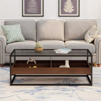 Creationstry Glass Coffee Table with storage shelf and metal table legs