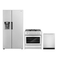 Cosmo 3 Piece Kitchen Package With 36" Freestanding Dual Fuel Range 24" Built-in Fully Integrated Dishwasher & Side By S
