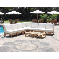 Teak Smith Sectional 7 Pc Sofa Set: 2 Sofa, Corner,2LoungeChair&2CoffeeTable + Sunbrella #5404 Natural Cushions-33" H x