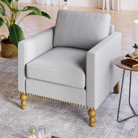 Charlton Home Classic Linen Armchair Accent Chair With Bronze Nailhead Trim And Wooden Legs-34.3" H x 30.3" W x 31.1" D