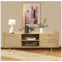 Latitude Run® Mid Century TV Stand With Rattan-Decorated Doors, Spacious Cabinets, And Adjustable Shelf - Wood TV Consol