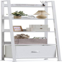 Hokku Designs 5-Tier White Ladder Shelf, Ladder Bookshelf with Removable Drawer, Mordern Bookcase Storage Rack