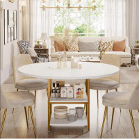 Mercer41 Stylish 47-Inch Round Dining Table With Storage Shelves - Elegant White And Gold Design For Dining, Kitchen, An