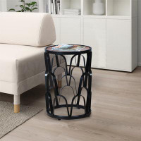 Ebern Designs Lattice Cut Out Iron Frame End Side Table With Round Mango Wood Top