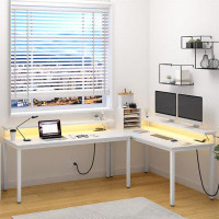 Latitude Run® Modern White Computer Desk | Storage & USB Outlet | LED Lighting