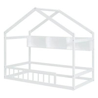 Latitude Run® Latitude Run® Twin House Bed With Storage Shelves, Kids Floor Bed With Fence And Roof, Wood - White