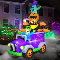 The Holiday Aisle® 8Ft Halloween Inflatable Horror Frankenstein Driving A Car With Spider, Pumpkin And Ghost, LED Blow U