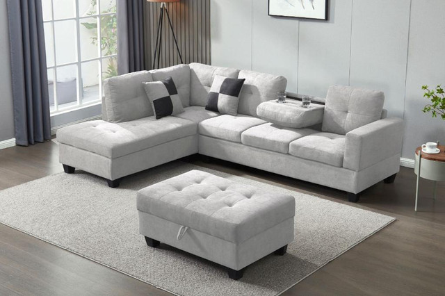 NEW IN BOX - NEBULA SECTIONAL SOFA WITH STORAGE OTTOMAN &amp; DROP-DOWN CONSOLE (LIGHT GREY)and ( DARK GREY) in Couches & Futons in Edmonton - Image 4