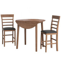 Winston Porter 3PCS Retro Round Counter Height Drop-Leaf Table With 2 Upholstered Chairs Rubber Wood Dining Table Set Pu