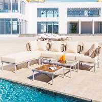 Latitude Run® TREXM 8-Piece Patio Sectional Sofa Set With Tempered Glass Coffee Table And Wooden Coffee Table For Outdoo