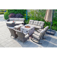 Moda Furnishings Talks  8-Piece Gas Fire Pit Table Set, A Sofa, 2 Rocking Chairs, 2 Arm Chairs, 2 Ottomans And A Sun Lou