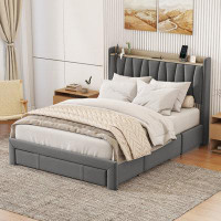 Latitude Run® Bed Frame With Storage Headboard And Charging Station, Upholstered Platform Bed With 3 Drawers