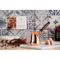 ALFIQ Solid Copper Turkish Coffee Pot | Handmade Wooden Handle Manual Coffee & Milk Maker 250 ml